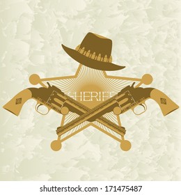 Star of the sheriffs hat and old firearms. The illustration on a white background.