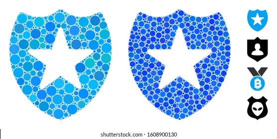 Star shield composition of small circles in different sizes and color hues, based on star shield icon. Vector filled circles are united into blue composition.