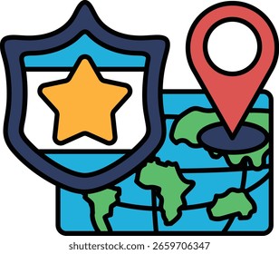 Una estrella y un escudo están en un mapa. El escudo es azul y la estrella es amarilla
