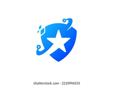Star shield tech logo symbol for virtual attack or threat and data protection
