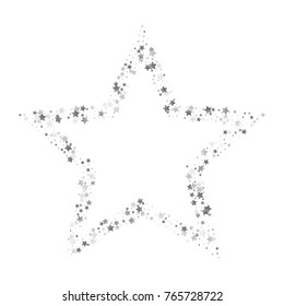 Star of Shimmering Stars Confetti on White Sky. Greeting Card, Wedding, Invitation Template Background with Free Space. Luxury, Glamour Design Pattern with Shine Sparkles and Silver Confetti.