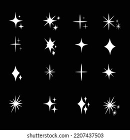 Composición del brillo de la estrella. Esténcil blanco brillante, varios elementos brillantes aislados. Cuerpo celeste, clíparte de signos de vector parpadeante