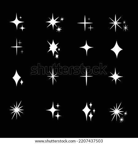 Star shine composition. Shining white star stencil, various sparkling elements isolated. Celestial body, flashing vector sign clipart