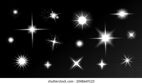 Star shine effects, flash lights with sparkles and glow rays isolated on transparent background. Vector realistic set of bright glare, white flare with shiny beams