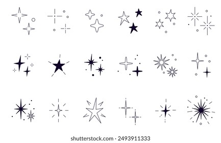 Star shine glow, spark glitter, sparkle light. Line star glitter shine design. Sparkle Star Icon Set. Different forms of stars, constellations, galaxies. Sparkles and Stars Set Collection. Sparkling