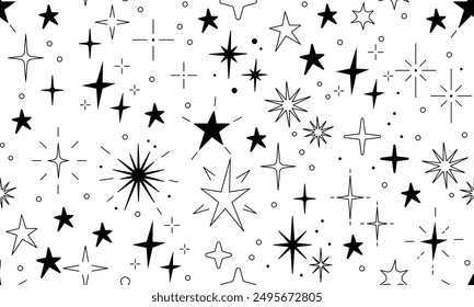 Star shine glow, spark glitter, sparkle light. Line star glitter shine design. Star shine glow, spark glitter, sparkle light. Line star glitter shine design. Seamless pattern with stars and sparks