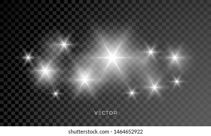 Star shine glow sparks, bright sparkle with lens flare effect. Vector Christmas shiny glitter star rays and white sun light on transparent background