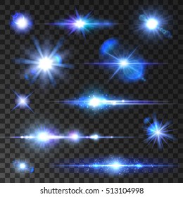 Star shine set. Shining stars, glittering beams, blue neon light rays with lens flare effect. Vector isolated icons on transparent background for new year, christmas decoration symbols