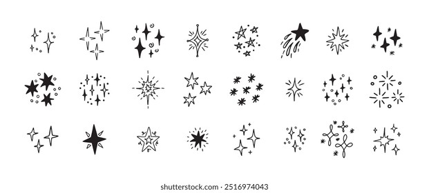 Star Shine Sparkle Hand Drawn Doodle set. Glitter Icon. Vector illustration