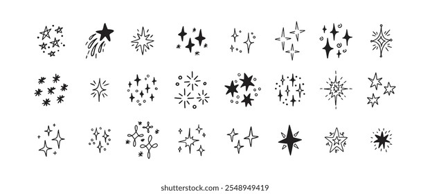 Star Shine Sparkle Hand Drawn Doodle set. Glitter Icon. Vector illustration