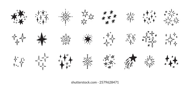 Star Shine Sparkle Hand Drawn Doodle set. Glitter Icon. Vector illustration