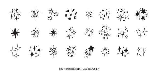 Star Shine Sparkle Hand Drawn Doodle set. Ícone de brilho. Ilustração vetorial