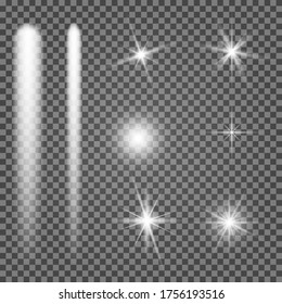Star shine. Vector light spark glow. White flare effect illustration on transparent background. Shiny christmass sparkle. Special lens glitter element. Magic sunlight ray. Explosion burst