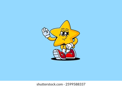 star, shiner, medal, asterisk retro cartoon character mascot illustration with walking pose and showing ok check hand for game, party, toys mascots and merchandise