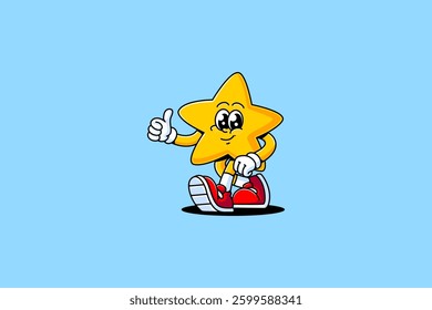 star, shiner, medal, asterisk retro cartoon character mascot illustration with walking pose and showing thumb up for game, party, toys mascots and merchandise
