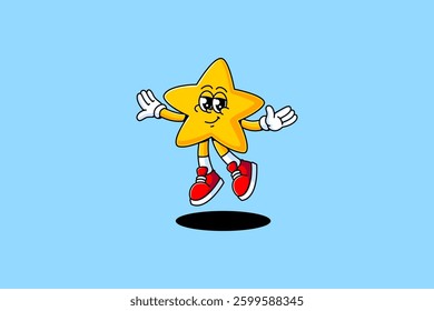 star, shiner, medal, asterisk retro cartoon character mascot illustration with flying pose and showing a funny face for game, party, toys mascots and merchandise