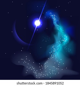 a star shines in the night sky. milky way