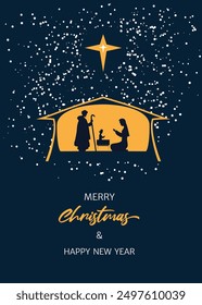 Star shines over manger of Jesus Christ. Merry Christmas and Happy New Year vector illustration for cover, card.  Christmas design with Jesus, Mary, Joseph, star, snows, manger on a blue background