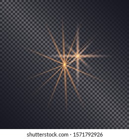 Star shining effect of decorative element isolated on transparent background. Festive decor for design of card. Magical light, sparkle and glittering ray. Twinkling beam, vector in flat style