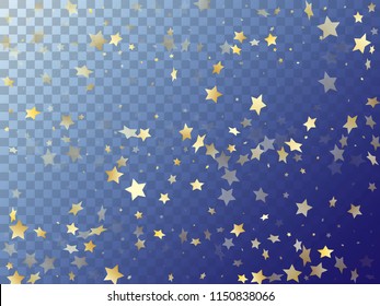 Star shining gold gradient sparkles on transparent background. Glossy vector magic stars gold falling sparkles with gradient texture on transparent. New Year starburst lights card pattern.