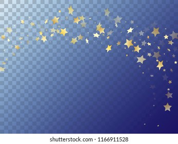 Star shining gold gradient sparkles on transparent background. Stylish vector magic stars gold falling sparkles with gradient texture on transparent. New Year starburst lights poster pattern.