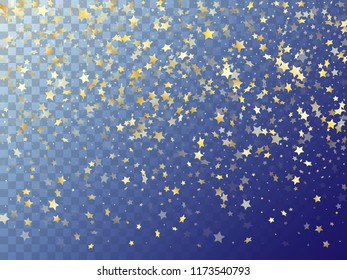 Star shining gold gradient sparkles on transparent background. Glowing vector magic stars gold falling sparkles with gradient texture on transparent. Holiday starburst scatter pattern.