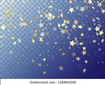 Star shining gold gradient sparkles on transparent background. Glowing vector magic stars gold falling sparkles with gradient texture on transparent. Holiday confetti tinsels decor.