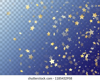 Star shining gold gradient sparkles on transparent background. Glossy vector magic stars gold falling sparkles with gradient texture on transparent. Christmas tinsels scatter flying pattern.