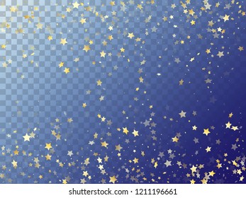 Star shining gold gradient sparkles on transparent background. Luxurious vector magic stars gold falling sparkles with gradient texture on transparent. Holiday starlight card backdrop.