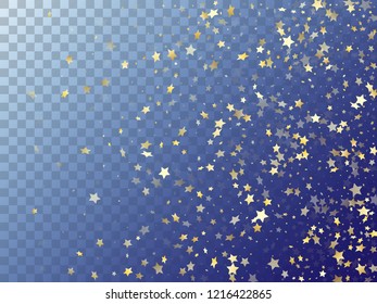 Star shining gold gradient sparkles on transparent background. Trendy vector magic stars gold falling sparkles with gradient texture on transparent. Birthday tinsels scatter flying pattern.