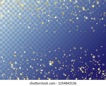 Star shining gold gradient sparkles on transparent background. Luxurious vector magic stars gold falling sparkles with gradient texture on transparent. Party confetti tinsels decoration.