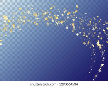 Star shining gold gradient sparkles on transparent background. Fashionable vector magic stars gold falling sparkles with gradient texture on transparent. Birthday confetti tinsels decoration.