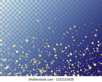 Star shining gold gradient sparkles on transparent background. Flying vector magic stars gold falling sparkles with gradient texture on transparent. Birthday confetti tinsels decor elements.