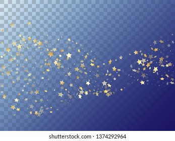 Star shining gold gradient sparkles on transparent background. Stylish vector magic stars gold falling sparkles with gradient texture on transparent. Birthday starburst lights backdrop.