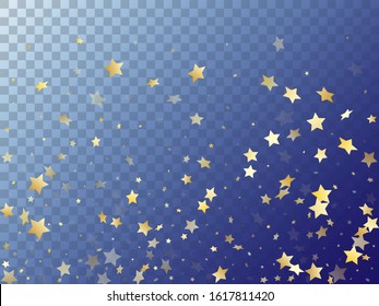 Star shining gold gradient sparkles on transparent background. Chic vector magic stars gold falling sparkles with gradient texture on transparent. Party starburst lights banner pattern.