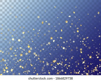 Star shining gold gradient sparkles on transparent background. Flying vector magic stars gold falling sparkles with gradient texture on transparent. Christmas tinsels flying backdrop.