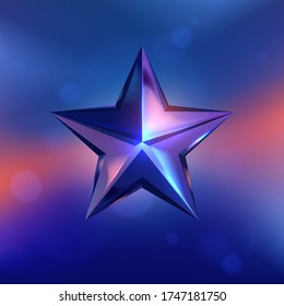 Forma de vidrio brillante estrella sobre fondo azul y rojo