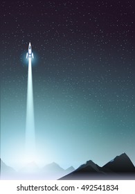 star ship leaving from base in deep mountain poster template