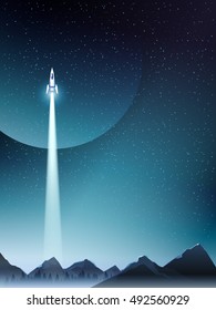 star ship leaving from base in deep mountain to new planet poster template