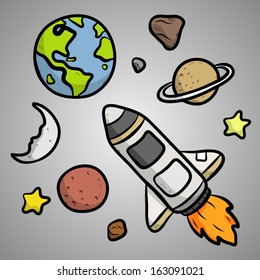 star ship traveling among planets in universe / cartoon vector and illustration