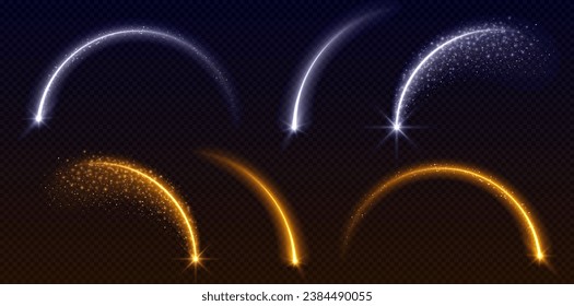 Star shooting arc light with magic beam sparkle. Neon curve arch line with glitter shine. Glowing celebration overlay element. Transparent swirl set with dust splatter tail in gold and blue.