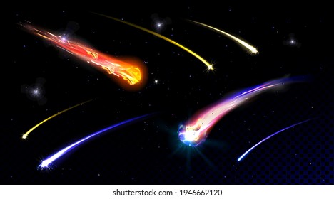 Star Shooting, Comets In Starry Sky Or Deep Space Falling With Fire Trail. Meteorites On Galaxy Background With Transparency. Fireball Meteors Explosions In Cosmos, Realistic 3d Vector Illustration