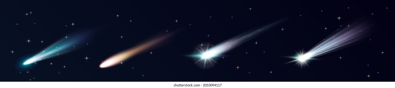 Star shooting, comets in starry sky or deep space falling with fire trail. Realistic meteorites on galaxy background. Fireball meteors explosions in cosmos. 3d vector illustration