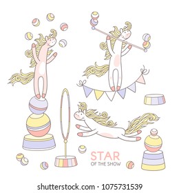 Star of the show. Sweet pony is playing circus. Little horse girl is balancing on the balls and juggling, walking on the rope, jumping through the ring. Hand drawn set of cute elements.