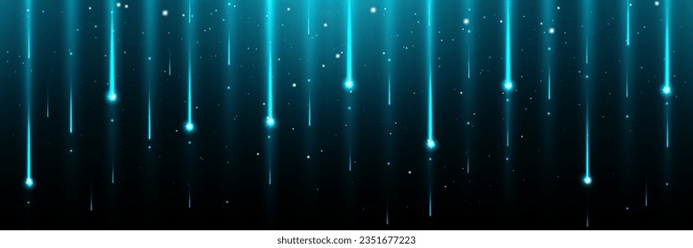 Ducha estelar - el cometa brillante llueve el borde horizontal con el camino azul cayendo por el meteorito con efecto bokeh. Partículas brillantes estelares o destellantes de fuegos artificiales sobre fondo oscuro. Vector realista.