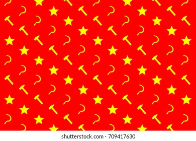 Star, sickle and hammer - yellow symbol on red background - vector pattern