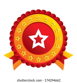 Star sign icon. Favorite button. Navigation symbol. Red award label with stars and ribbons. Vector