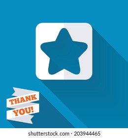 Star sign icon. Favorite button. Navigation symbol. White flat icon with long shadow. Paper ribbon label with Thank you text. Vector