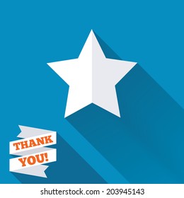 Star sign icon. Favorite button. Navigation symbol. White flat icon with long shadow. Paper ribbon label with Thank you text. Vector