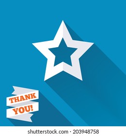 Star sign icon. Favorite button. Navigation symbol. White flat icon with long shadow. Paper ribbon label with Thank you text. Vector